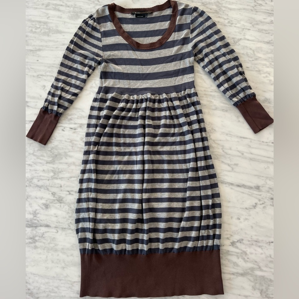 BCBGMaxazria Women's Striped Scoop Neck Long Sleeve Dress Gray Silk & cotton